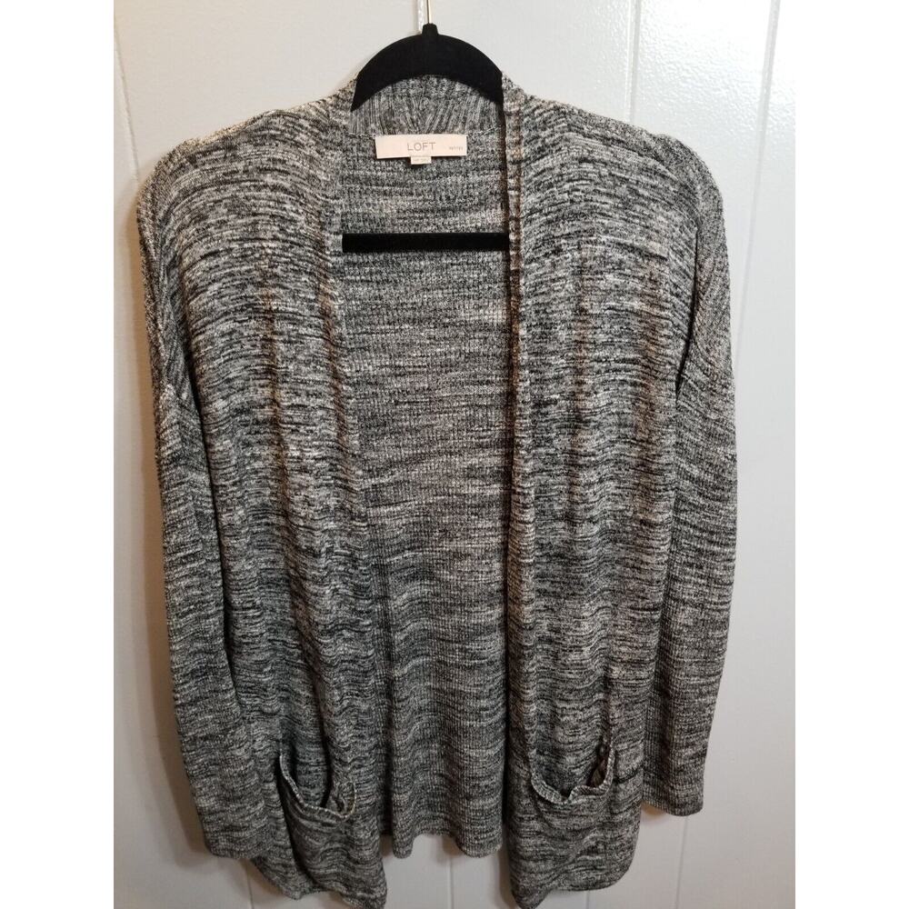 Loft‎ Women's Sz Med Petite Black/White Heathered Ribbed Open front Lightweight